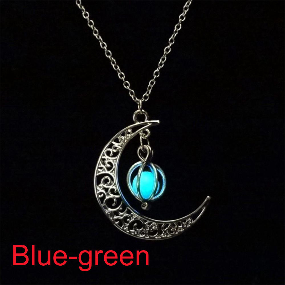 Glow In The Dark Luminous Necklace Moon&Pumpkin Pendant Silver Plated. BLUE-GREEN